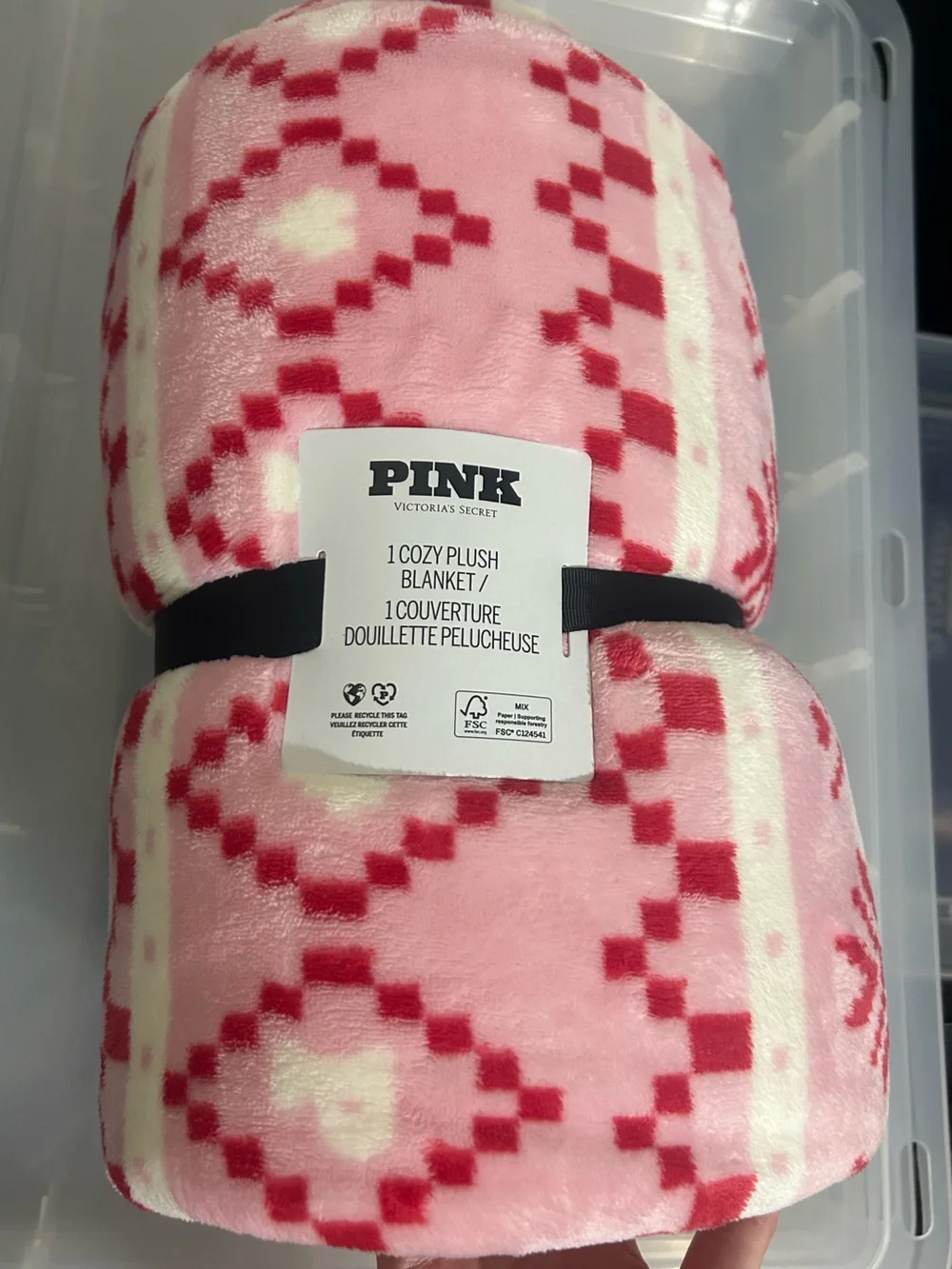 Victoria's Secret Pink Plush Blanket 50x60 in Pink Red Aztec Cozy Soft NWT